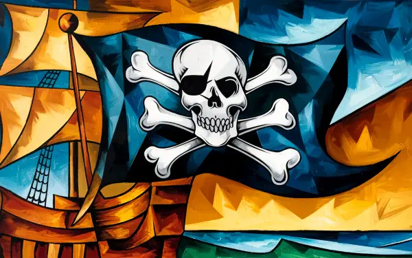 A vibrant pirate flag featuring a skull and crossbones, set against an artistic background of sails and waves, ideal for a 4K Ultra HD PC desktop wallpaper.