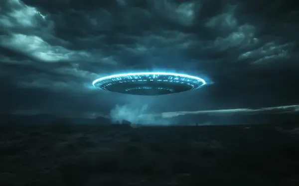 A futuristic UFO hovers ominously in a dark, fantasy landscape, surrounded by dramatic clouds. This HD image captures a striking sci-fi scene perfect for desktop wallpaper.