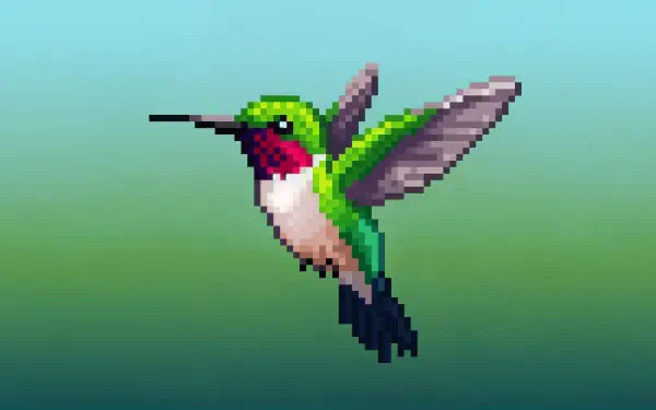 A vibrant pixel art hummingbird in flight, showcasing its green feathers and red throat against a soft gradient background, perfect as a 4K Ultra HD PC desktop wallpaper.