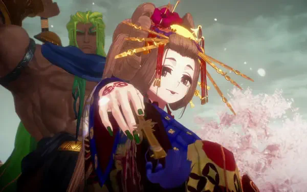 HD desktop wallpaper from the video game Fate/Samurai Remnant features a character adorned with traditional attire, surrounded by cherry blossoms, creating a vibrant and immersive scene.