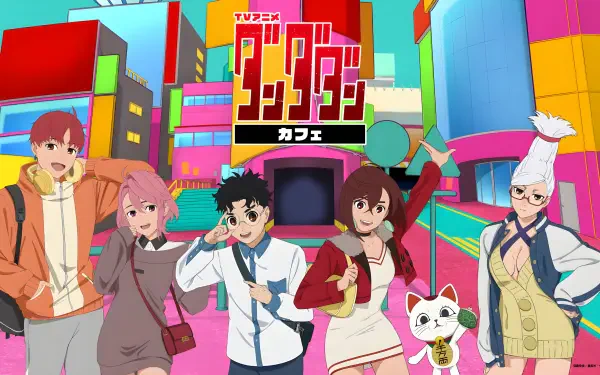 Anime Dandadan 4K Ultra HD PC desktop wallpaper — neon city street with five stylized characters and a beckoning maneki-neko in front of a colorful cafe sign.