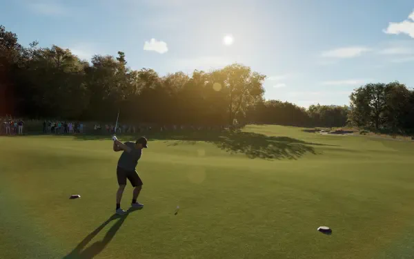 A golfer prepares to swing on a lush green fairway under a bright sun in this stunning 4K Ultra HD wallpaper for PGA TOUR 2K25.