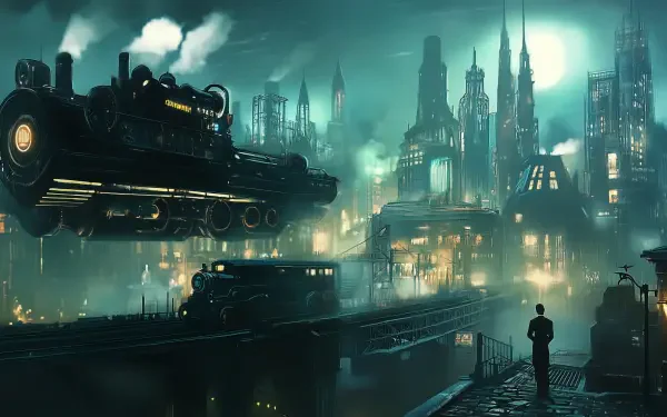 A steampunk-inspired futuristic cityscape with towering structures and a hovering train, enveloped in mist and illuminated by a mystical glow, perfect for an HD desktop wallpaper.