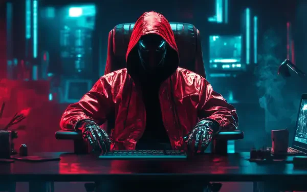 A cybernetic Game Master in a sleek red hooded jacket sits confidently in a dark chair, illuminated by neon blue and red lights in a high-tech hacker environment.