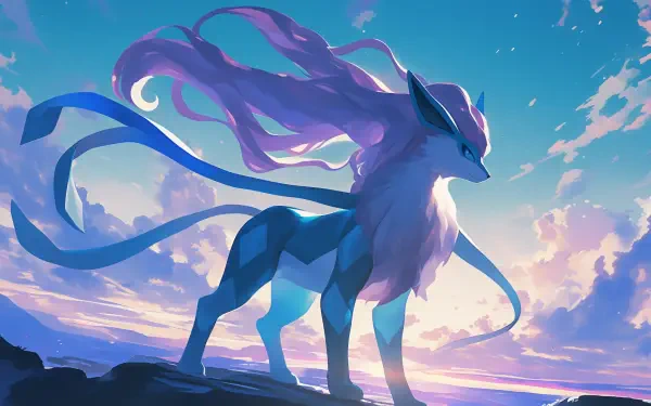 A colorful HD wallpaper featuring Suicune, the Water-type Pokémon, standing majestically against a vibrant sky with flowing hair and a serene background.