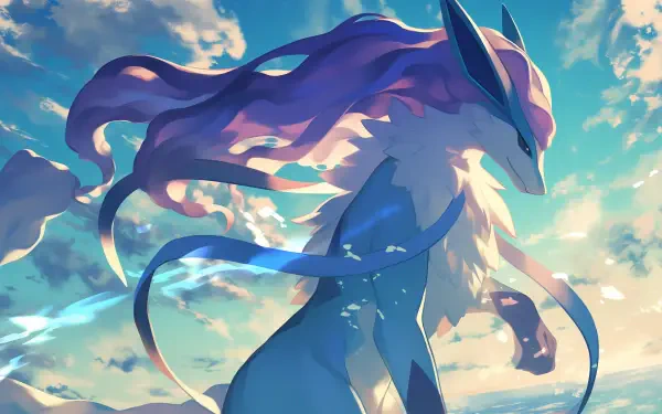 A vibrant HD wallpaper featuring Suicune from Pokémon, showcasing its majestic form against a backdrop of clouds and a blue sky.