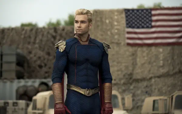 Homelander from the TV show The Boys stands confidently in a military setting, with an American flag in the background, showcasing his powerful presence as a key character from the series.
