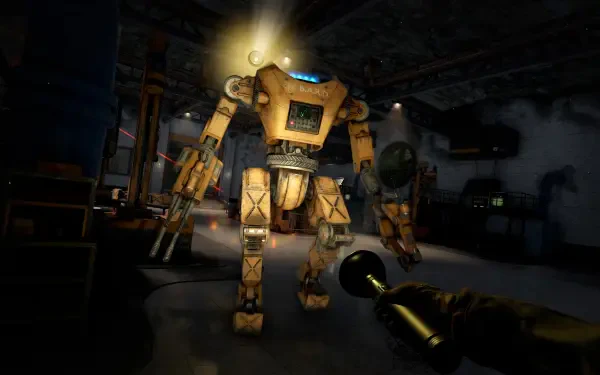 A 4K Ultra HD PC desktop wallpaper featuring a robotic character from the video game Atomfall, illuminated by a beam, set in a dimly lit industrial environment.