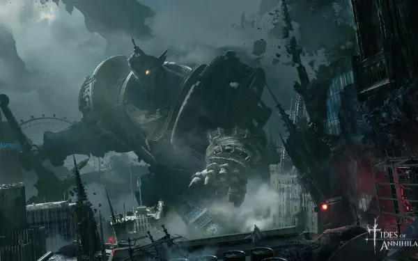 A dramatic 4K Ultra HD wallpaper from the video game Tides of Annihilation, featuring a colossal robot amidst a dark, crumbling landscape, exuding an intense atmosphere.