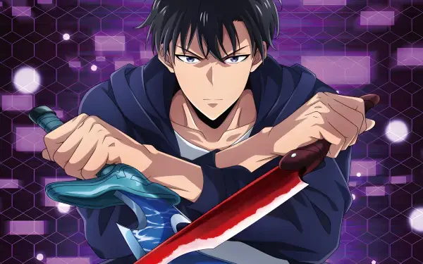 Solo Leveling's Sung Jin-Woo wields a blood-streaked red sword and a blue dagger, intense glare against a purple hexagonal digital backdrop — 2K Quad HD PC desktop wallpaper.