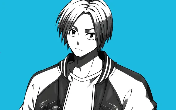 2K Quad HD anime desktop wallpaper of Shin (Sakamoto Days): monochrome bust portrait in a jacket set against a bright cyan background.