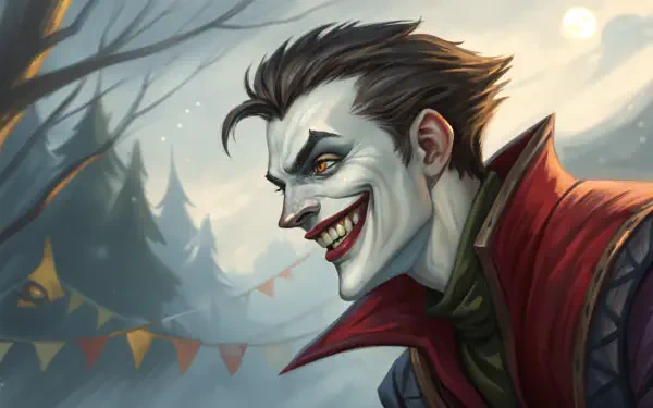 Shaco from League of Legends, depicted in a vibrant 4K Ultra HD style, showcases a mischievous grin against a misty, wooded backdrop, evoking a mysterious atmosphere.
