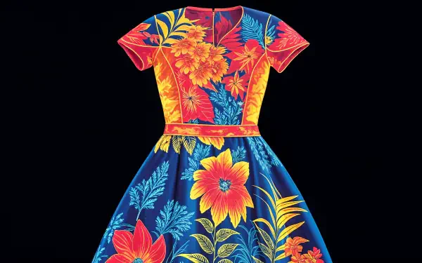 Vibrant floral dress featuring bold colors and lush patterns, set against a dark background, presented as a 4K Ultra HD PC desktop wallpaper.