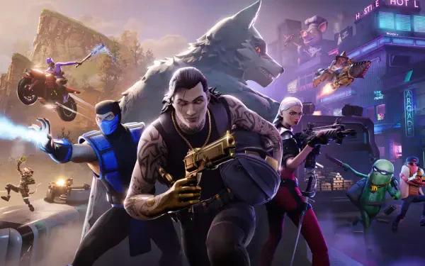 Fortnite Battle Royale characters in action showcase, rendered as a vibrant 4K Ultra HD PC desktop wallpaper and background.