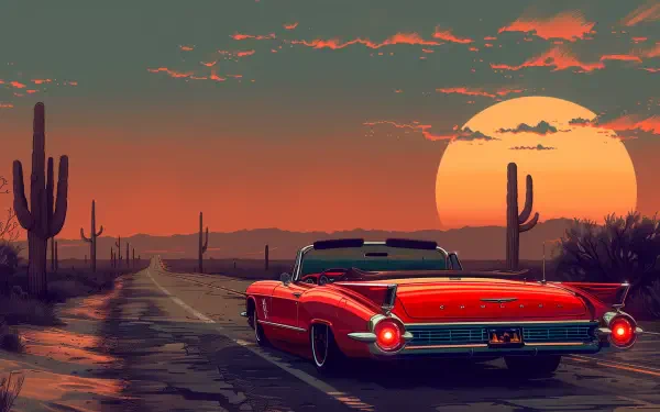 A vintage red car drives along a minimalist road through a desert landscape, framed by cacti under a vibrant sunset, creating a striking HD desktop wallpaper.