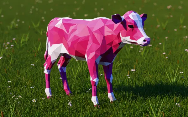 A vibrant, low-poly design of a pink calf stands in a grassy field, captured in stunning 4K Ultra HD, making for an eye-catching desktop wallpaper or background.