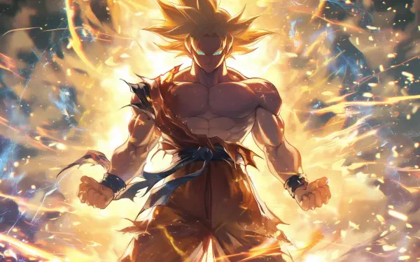 Goku from Dragon Ball Z channels his Super Saiyan aura, surrounded by a radiant explosion of energy, creating a striking HD wallpaper for any fan of the series.