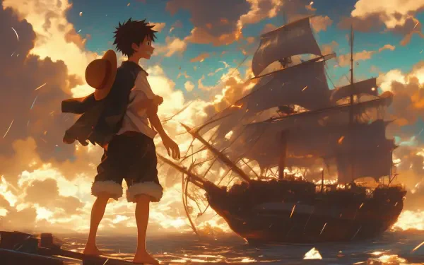 A vibrant HD wallpaper featuring Monkey D. Luffy from One Piece standing against a stunning sunset, gazing at a majestic pirate ship on the open sea.