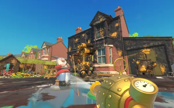 A vibrant HD wallpaper from PowerWash Simulator – Wallace & Gromit Special Pack, featuring Wallace cleaning a messy house with a water-powered device against a clear blue sky.