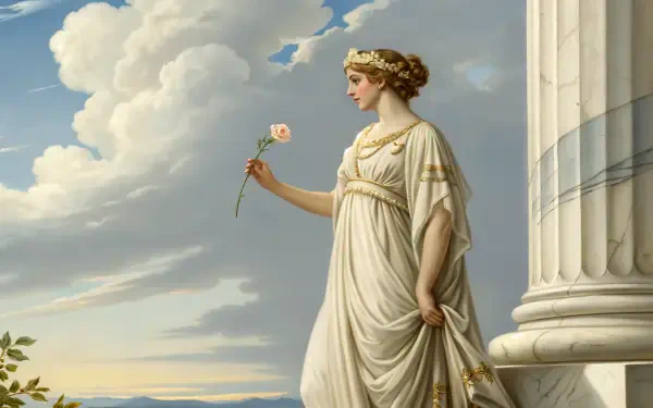 A serene woman in a flowing white dress holds a rose, standing by a classical column. The backdrop features a beautiful sky filled with clouds, creating an inspiring atmosphere.
