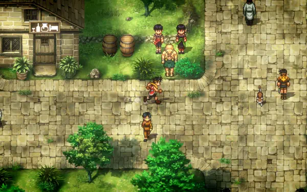 HD wallpaper featuring characters from Suikoden I&II HD Remaster, set against a vibrant backdrop of a village square, capturing the essence of the Gate Rune and Dunan Unification Wars.