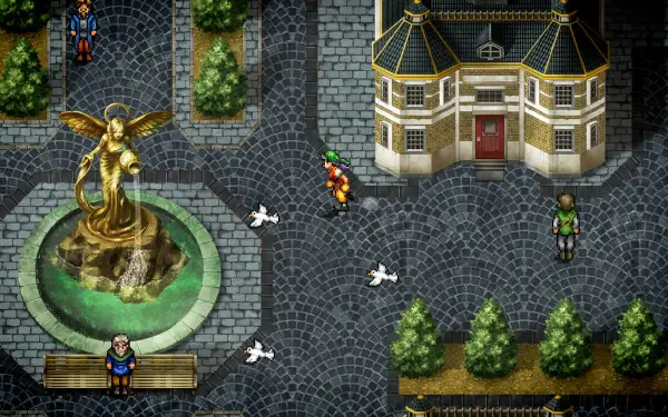 A detailed HD wallpaper from Suikoden I&II HD Remaster, showcasing a vibrant town square with a fountain, characters, and lush greenery, capturing the essence of the Gate Rune and Dunan Unification Wars.