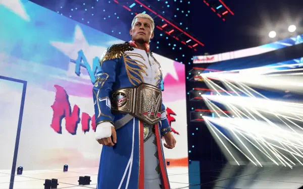 A dynamic scene from WWE 2K25 featuring a character in a striking costume and championship belt, set against a vibrant backdrop of lights and colors. HD wallpaper for PC.