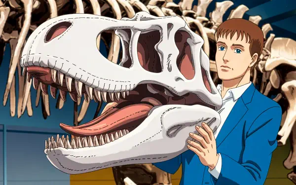 A detailed 4K Ultra HD image of a man in a blue suit holding a dinosaur skull, with a massive dinosaur skeleton in the background, showcasing the wonder of fossils.