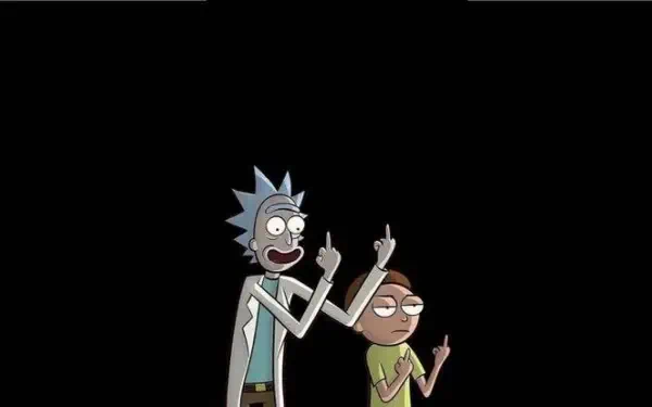 HD Rick and Morty PC desktop wallpaper featuring Rick and Morty both raising their middle fingers against a black background.