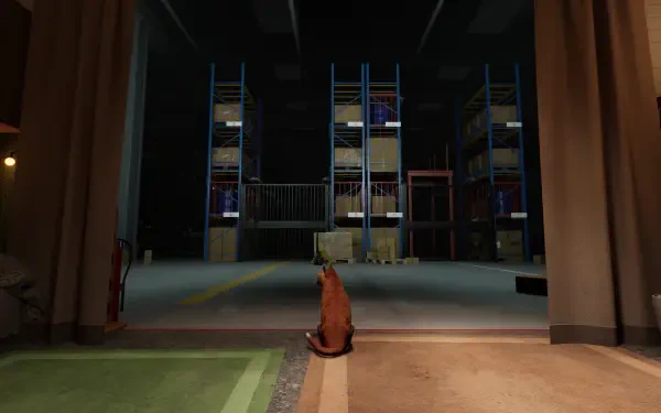 A captivating HD wallpaper for PC featuring a cat in a dimly lit space, surrounded by towering storage shelves, inspired by the video game Order 13.