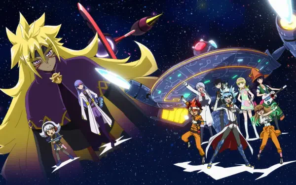 An HD wallpaper featuring characters from Yu-Gi-Oh!: Go Rush!! set against a cosmic backdrop, showcasing vibrant colors and dynamic poses.