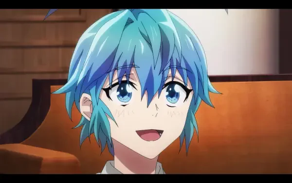 A vibrant HD wallpaper featuring a character from A Returner's Magic Should Be Special, showcasing their cheerful expression and striking blue hair.