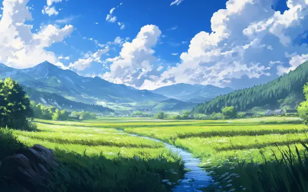 A serene anime landscape featuring lush green fields, a gentle stream, and majestic mountains under a bright blue sky with fluffy clouds. A vibrant HD wallpaper for summer.