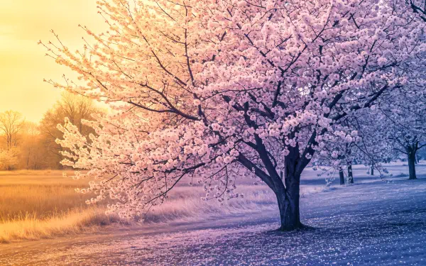 A serene cherry blossom tree stands gracefully against a golden sunset, creating a tranquil atmosphere in this vibrant 4K Ultra HD desktop wallpaper.