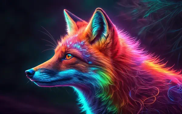 A vibrant red fox with a rainbow-hued coat against a dark background, crafted as a stunning 4K Ultra HD PC desktop wallpaper and background.