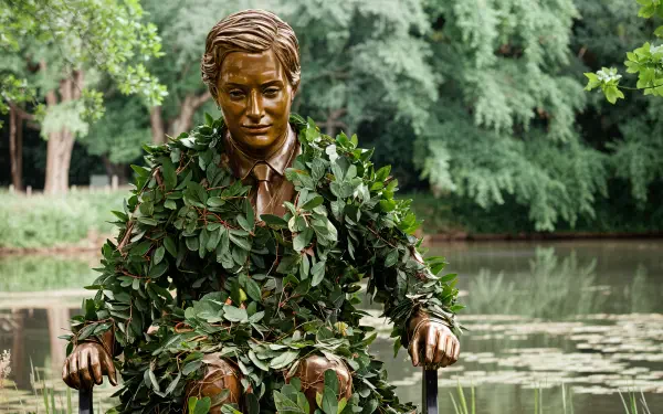 A bronze statue of a man draped in greenery sits beside a serene pond, surrounded by lush trees, creating a tranquil atmosphere in this 4K Ultra HD desktop wallpaper.