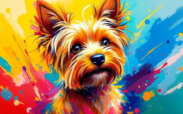 A vibrant, colorful illustration of a Yorkshire Terrier, showcasing its lively expression against a backdrop of bold splashes, designed as a 4K Ultra HD desktop wallpaper.