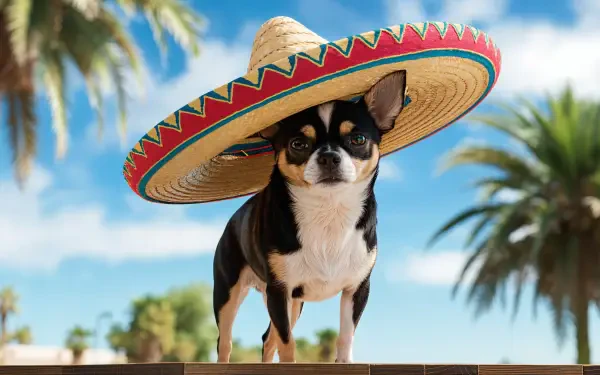 A Chihuahua wearing a colorful sombrero stands with a palm tree and clear blue sky in the background, captured in vibrant 4K Ultra HD for a desktop wallpaper.