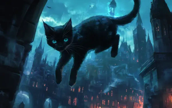 A mystical black cat hovers mid-air against a twilight cityscape, featuring gothic architecture and glowing windows, creating a captivating fantasy atmosphere.