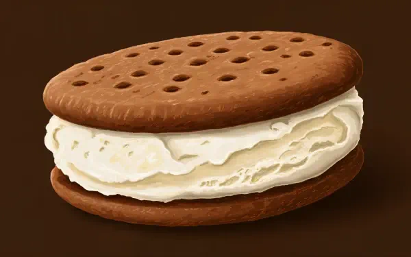 A delicious ice cream sandwich featuring creamy vanilla ice cream sandwiched between two chocolate wafer cookies, showcased in a vivid 4K Ultra HD design.
