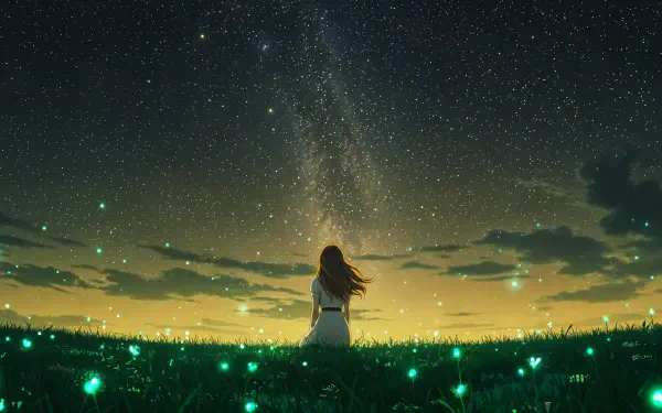 A serene scene of a woman gazing up at a starry sky filled with shimmering stars, surrounded by glowing green lights in a grassy field, capturing the beauty of star gazing in 4K Ultra HD.