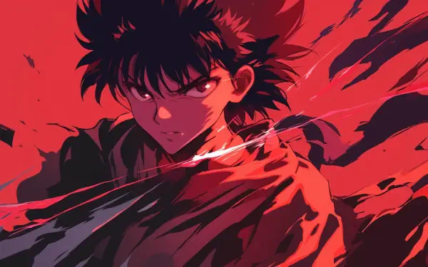 A dynamic HD desktop wallpaper featuring a character from the anime Yu Yu Hakusho, set against a striking red backdrop, showcasing intense energy and emotion.