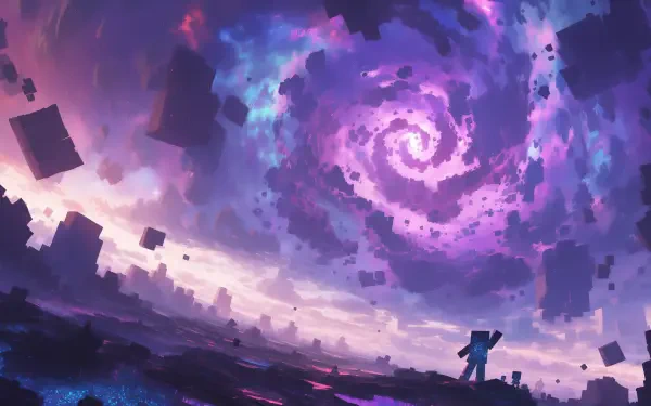 A vibrant Minecraft-themed HD desktop wallpaper featuring a swirling purple portal against a dramatic sky, with a lone character silhouetted in the foreground.