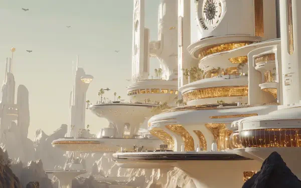 Futuristic cityscape featuring sleek, towering structures and floating platforms, set against a serene backdrop, showcased in stunning 4K Ultra HD resolution.