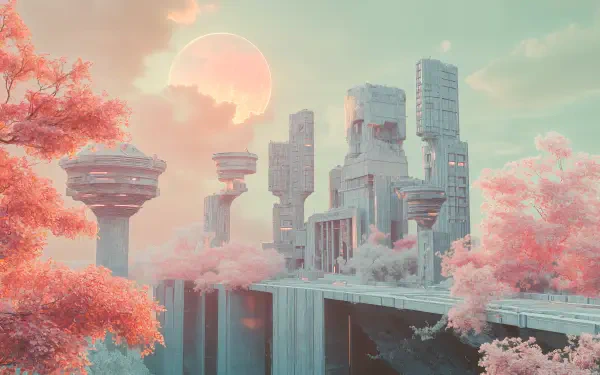 A vibrant sci-fi cityscape features towering structures and pink foliage under a glowing sun, showcasing a futuristic aesthetic in stunning 4K Ultra HD quality.