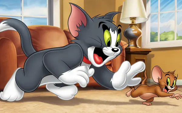 Tom chases Jerry in a lively scene from the classic cartoon, captured in vibrant detail. This 4K Ultra HD wallpaper brings the iconic duo to life on your desktop.