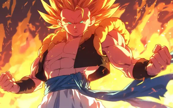 Gogeta from Dragon Ball Z in Super Saiyan 2 form, surrounded by flames. This vibrant HD wallpaper captures his powerful stance and fierce intensity.