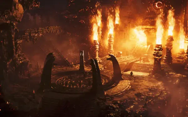 A stunning HD wallpaper from Monster Hunter, featuring a fiery landscape with towering flames and ancient stone structures, creating an intense and immersive gaming atmosphere.