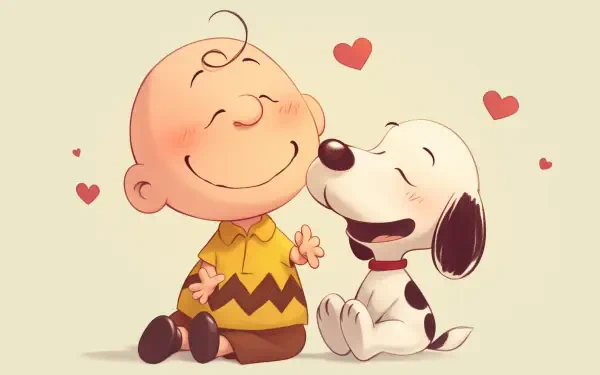 Snoopy shares a joyful moment with Charlie Brown, both smiling amidst heart motifs, capturing the kawaii essence from The Snoopy Show. A delightful HD wallpaper for fans.