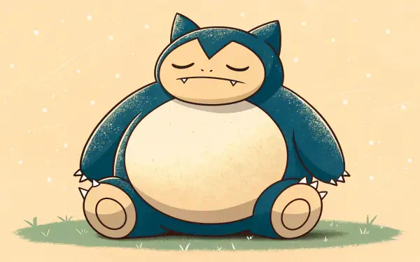 A colorful 4K Ultra HD desktop wallpaper featuring Snorlax, the Pokémon, sitting contentedly on the grass with a serene expression, surrounded by a soft, light backdrop.
